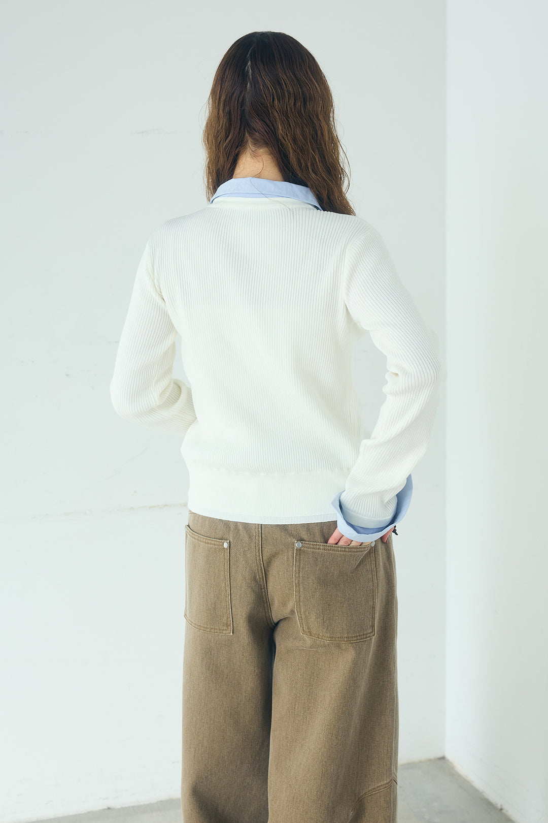 [SET]シャツドッキングボタンニットカーディガン+異素材切り替えスウェットパンツ(2set)