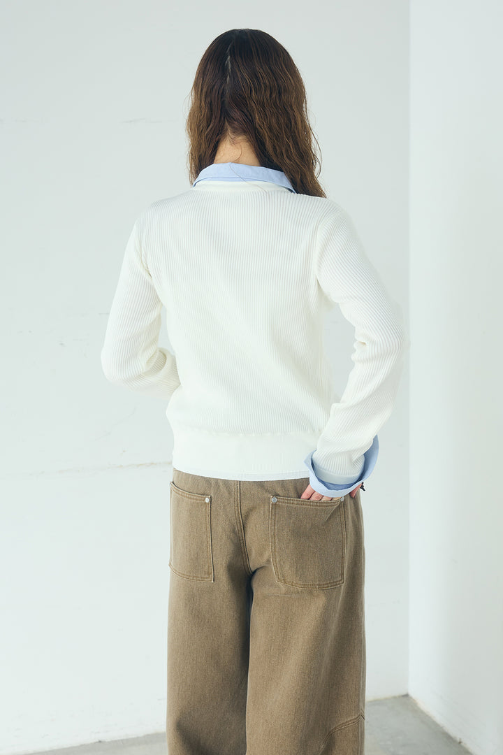 [SET]シャツドッキングボタンニットカーディガン+異素材切り替えスウェットパンツ(2set)