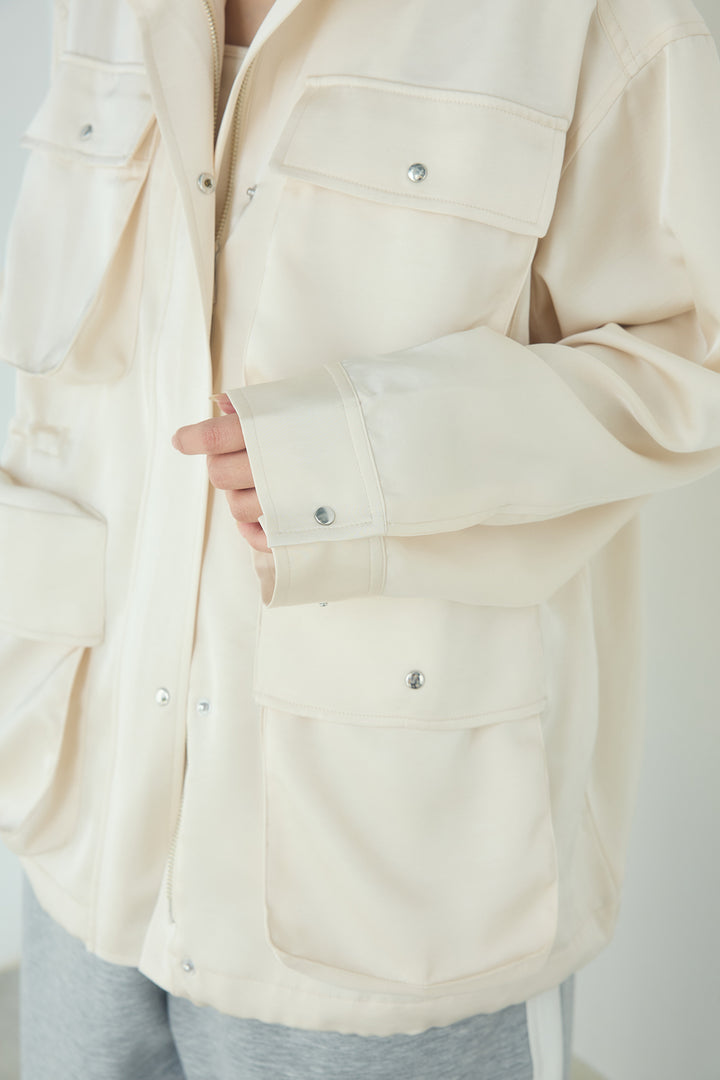 [SET]サテンライトブルゾン+ラップ巻きピンストライプワイドスカート(2set)