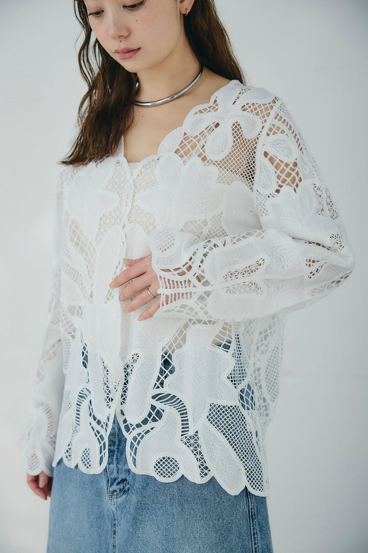 [SET]フラワー刺繍レースブラウス+デニムロングフレアスカート(2set)