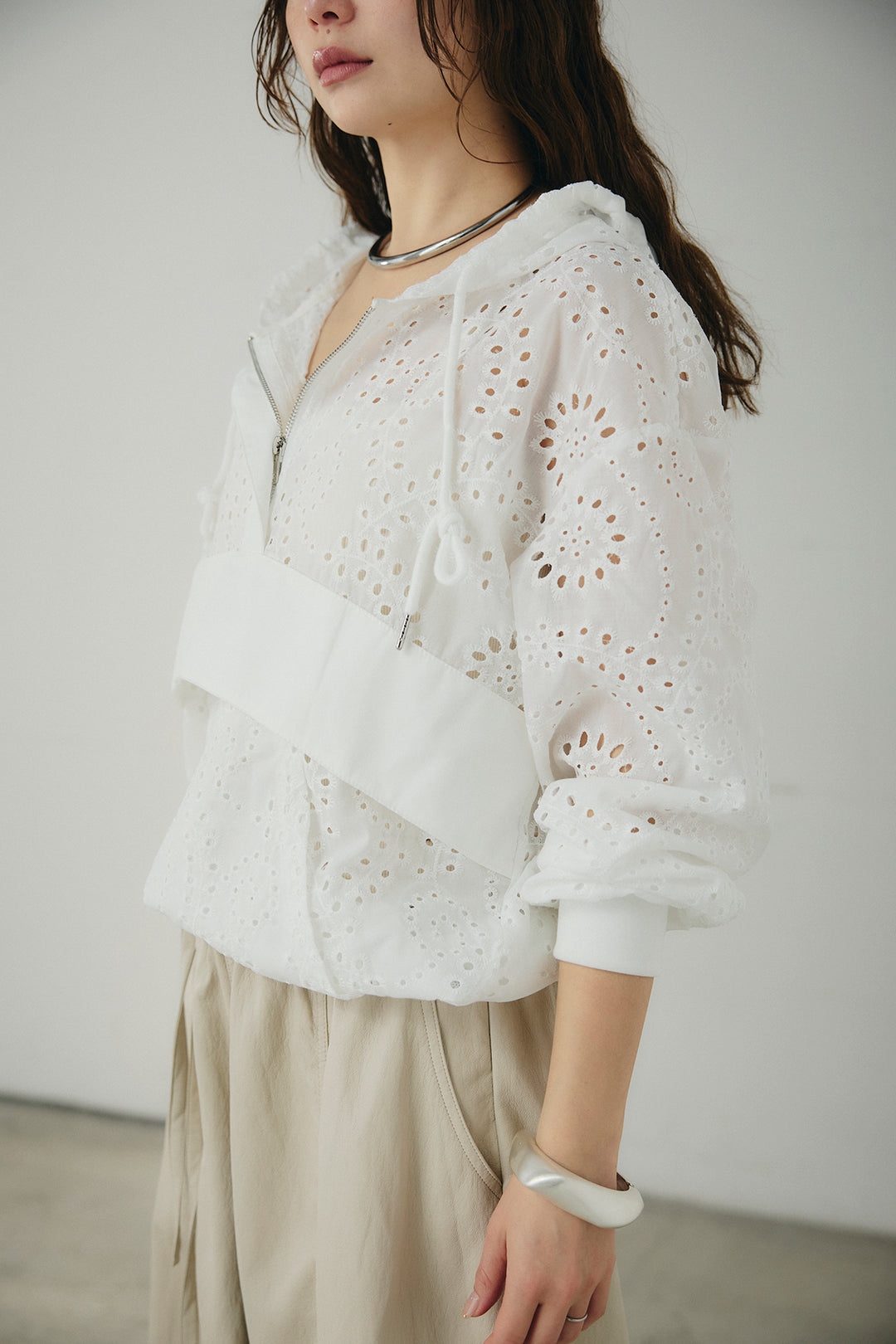 [SET]レースハーフジップアップフーディー+リネン混タックストレートワイドパンツ(2set)