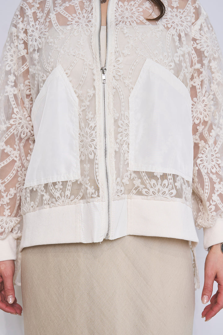 [SET]ノーカラーレースブルゾン+リネンブレンドロングナロースカート(2set)