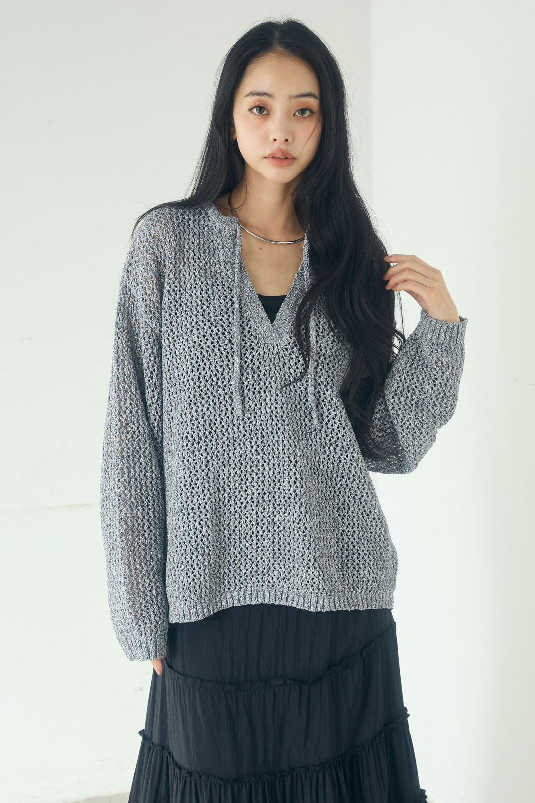 [SET]ミックスメッシュキーネックプルオーバー+シアーチュールレイヤードワイドパンツ(2set)