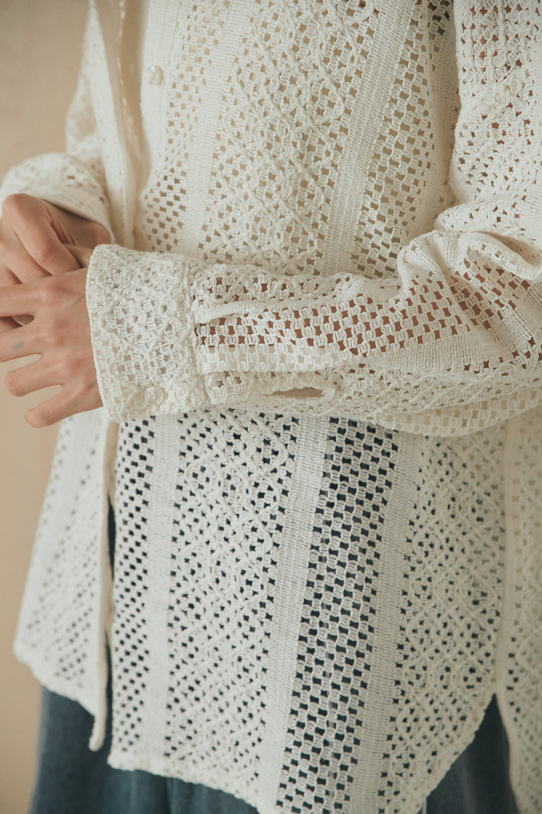 [SET]長袖襟付きレースシャツ+ドロストサイドラインデニムパンツ(2set)