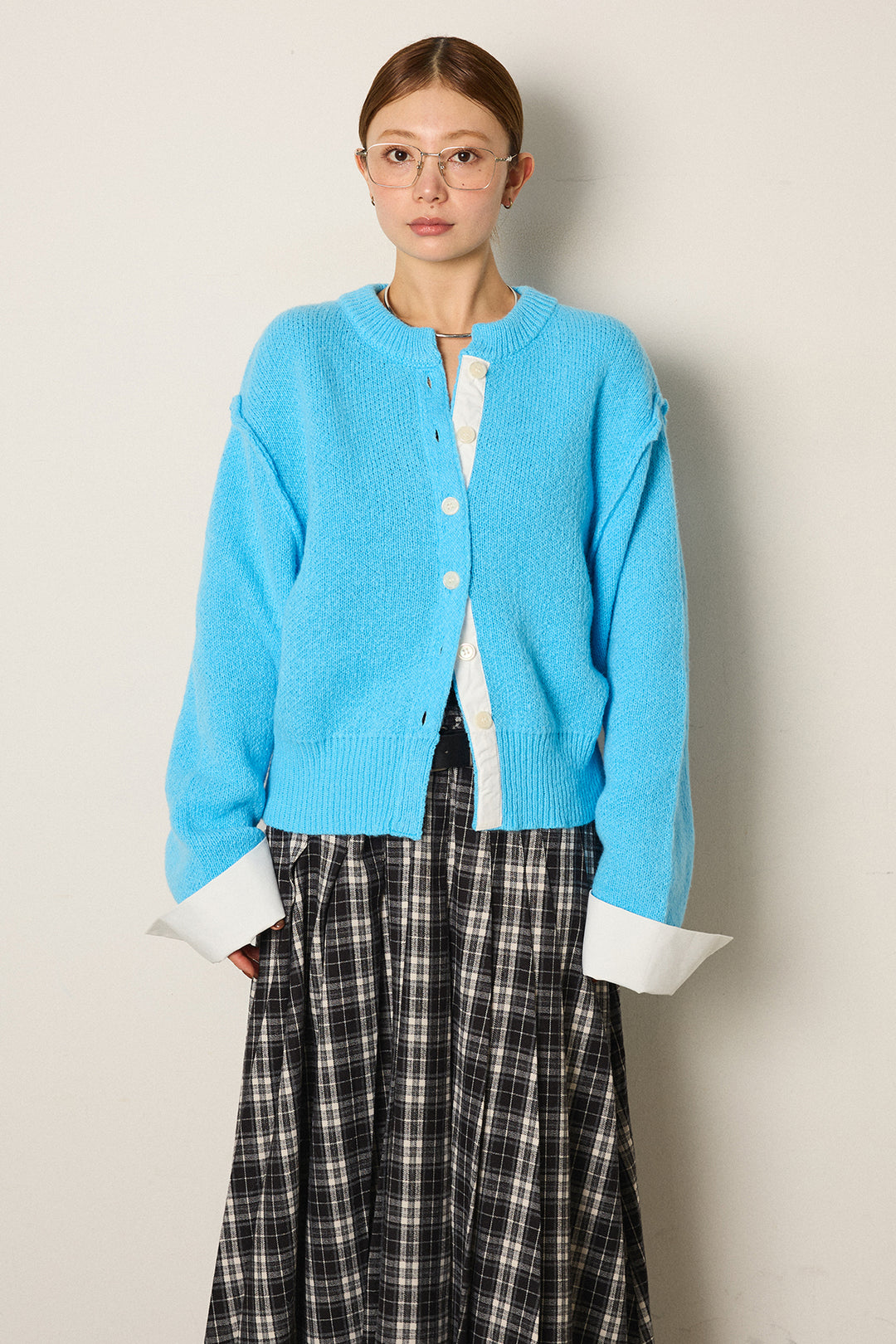 [SET]シャツドッキングニットカーディガン+ベルト付きタータンチェックプリーツスカート(2set)
