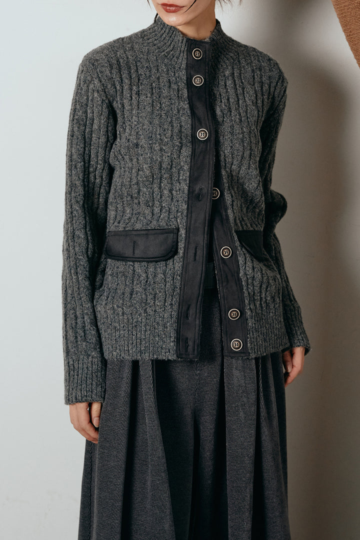 [SET]ボトルネックケーブルニットカーディガン+ベルトループコーデュロイワイドパンツ(2set)