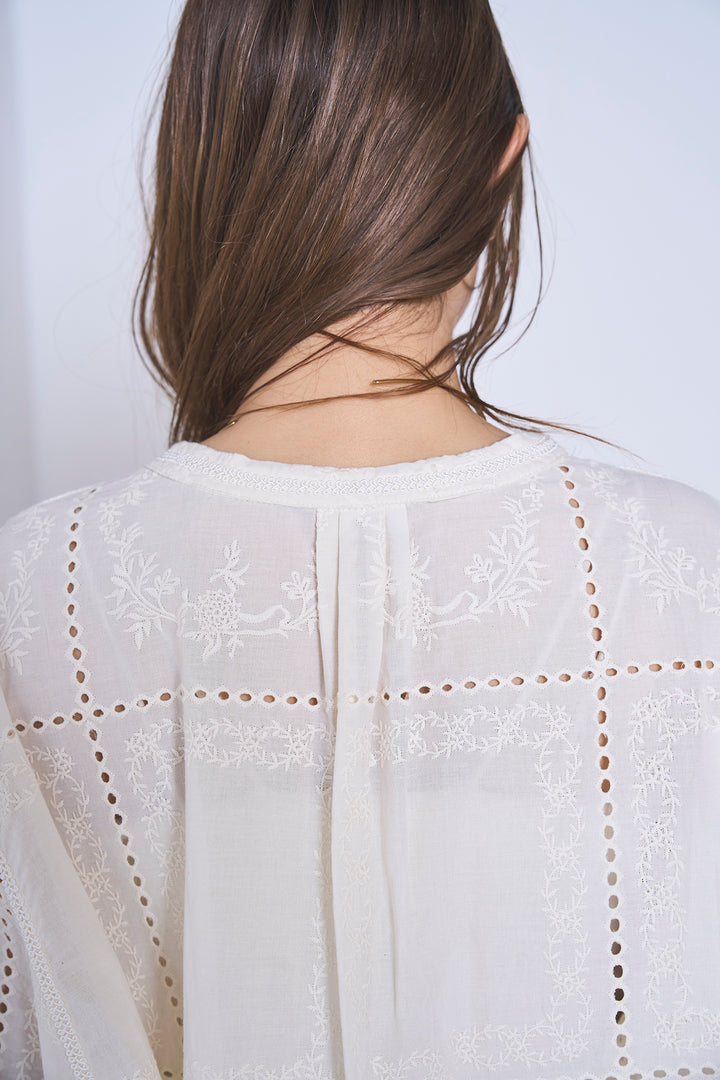 [SET]深V刺繍柄ブラウス+リネンブレンドロングナロースカート(2set)