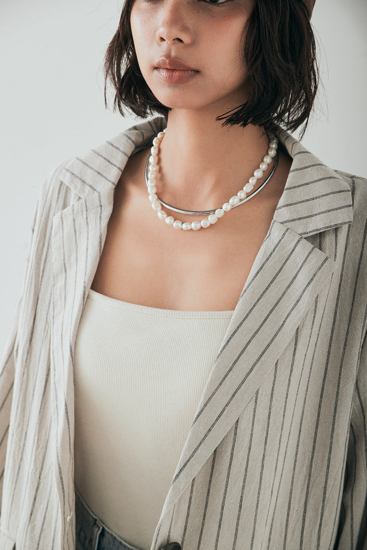 [SET]リネンライクストライプテーラードジャケット+デニムサイドフリルパンツ(2set)