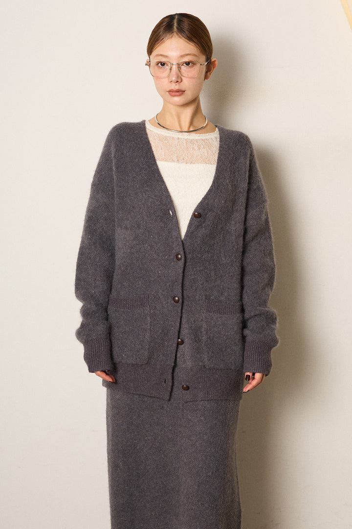[SET]丸ボタン起毛ニットカーディガン+起毛ニットロングスカート(2set)