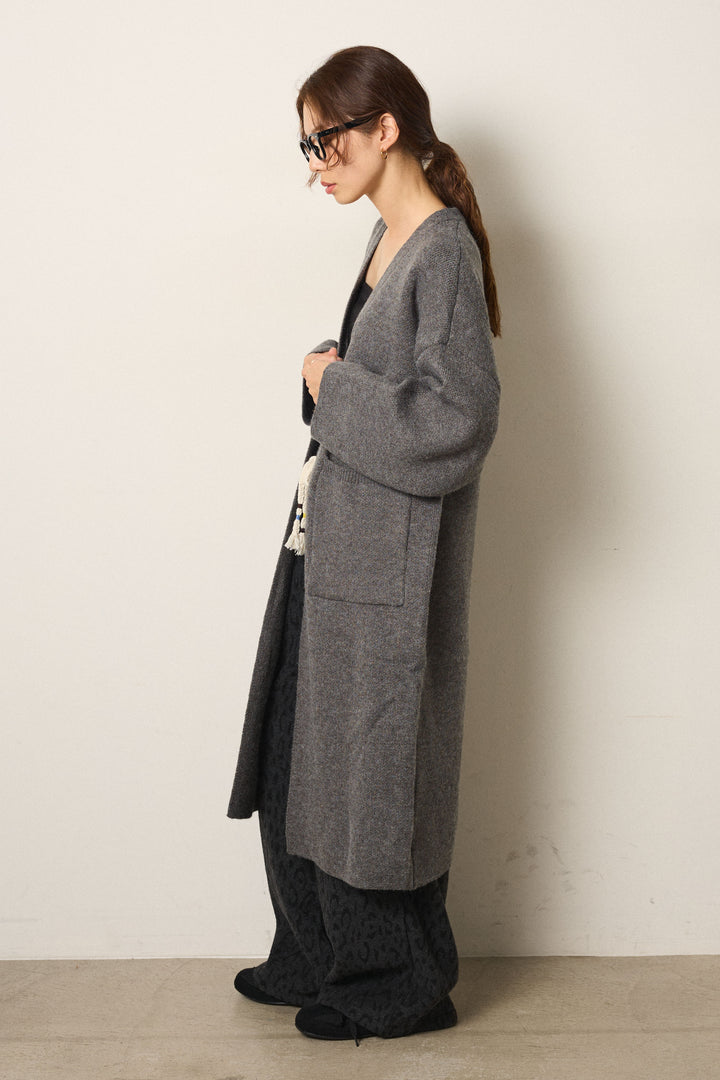 [SET]ケープレイヤードロングカーディガン+レオパードジャガードニットパンツ(2set)