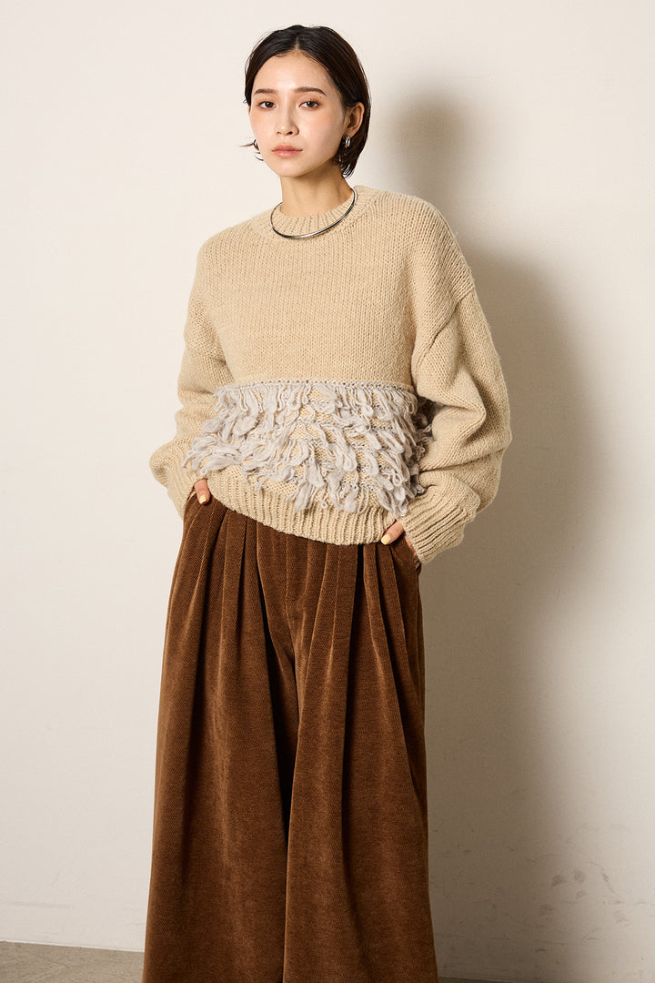 [SET]ループ編み切り替えニットプルオーバー+ベルトループコーデュロイワイドパンツ(2set)