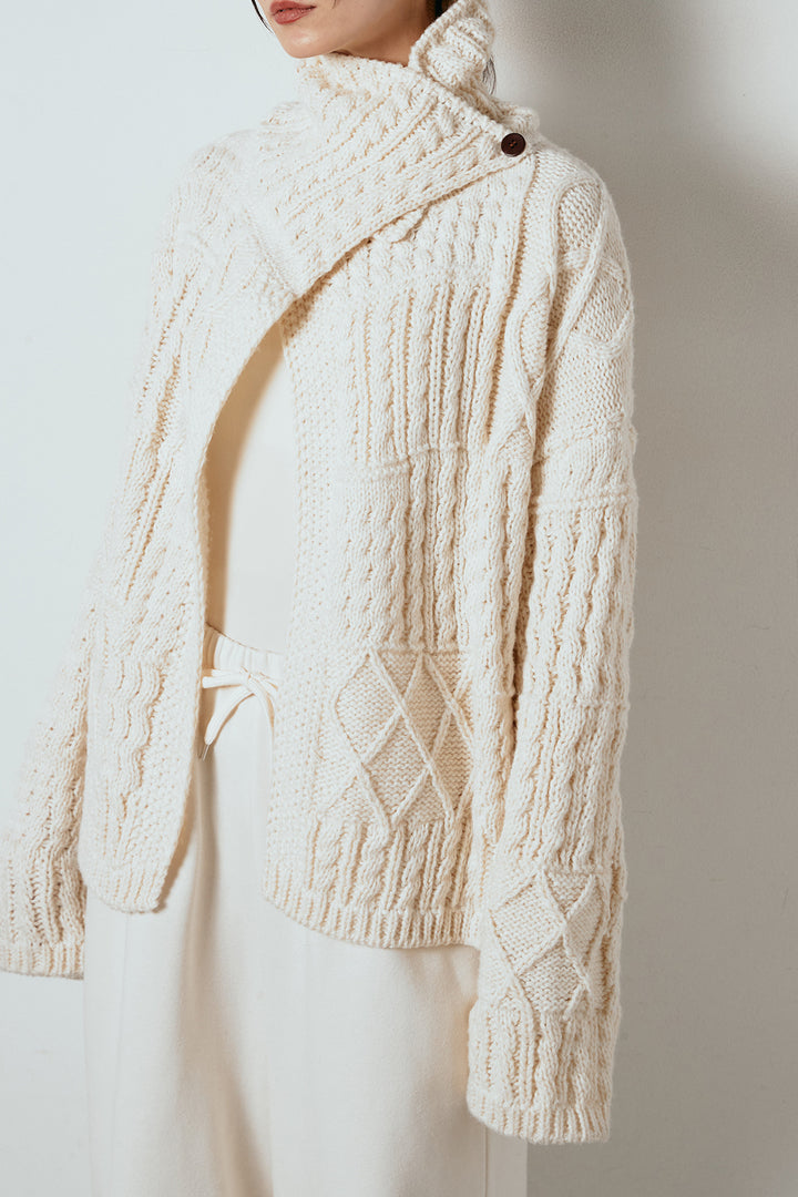 [SET]ビッグカラーケーブル編みニットトップス+2WAY袖コード刺繍クルーネックプルオーバー(2set)