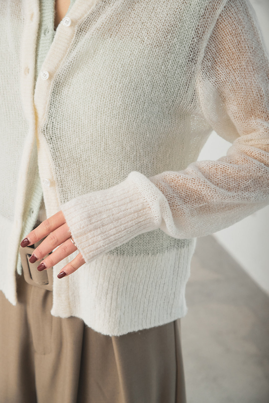 [SET]モヘア透かし編みレイヤードアンサンブルセット+ベルト付きツータックワイドパンツ(2set)