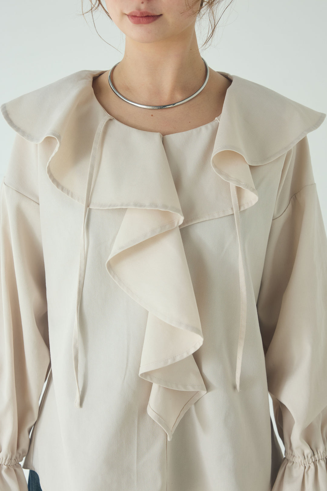 [SET]リネンライクテーラードジャケット+デニムフリルブラウス(2set)