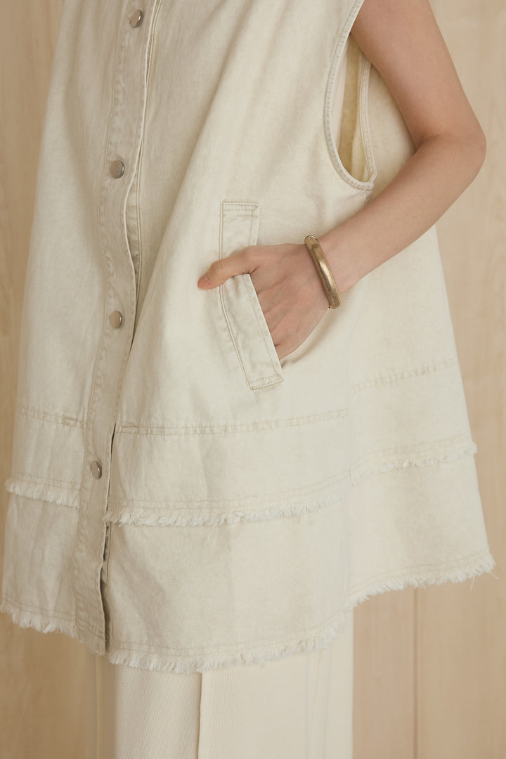 [SET]ケミカルデニムヘムカットオフジレ+ノースリロングワンピース(2set)