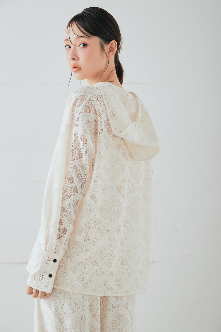 ブロックレースフード付きブラウス