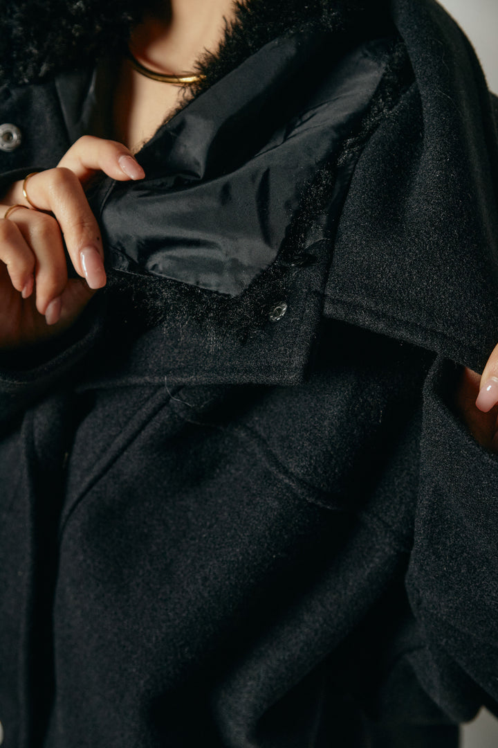 [SET]エコウール衿ファー薄中綿入りミドルカバーオール+ひげレース切替ロング丈スカート(2set)