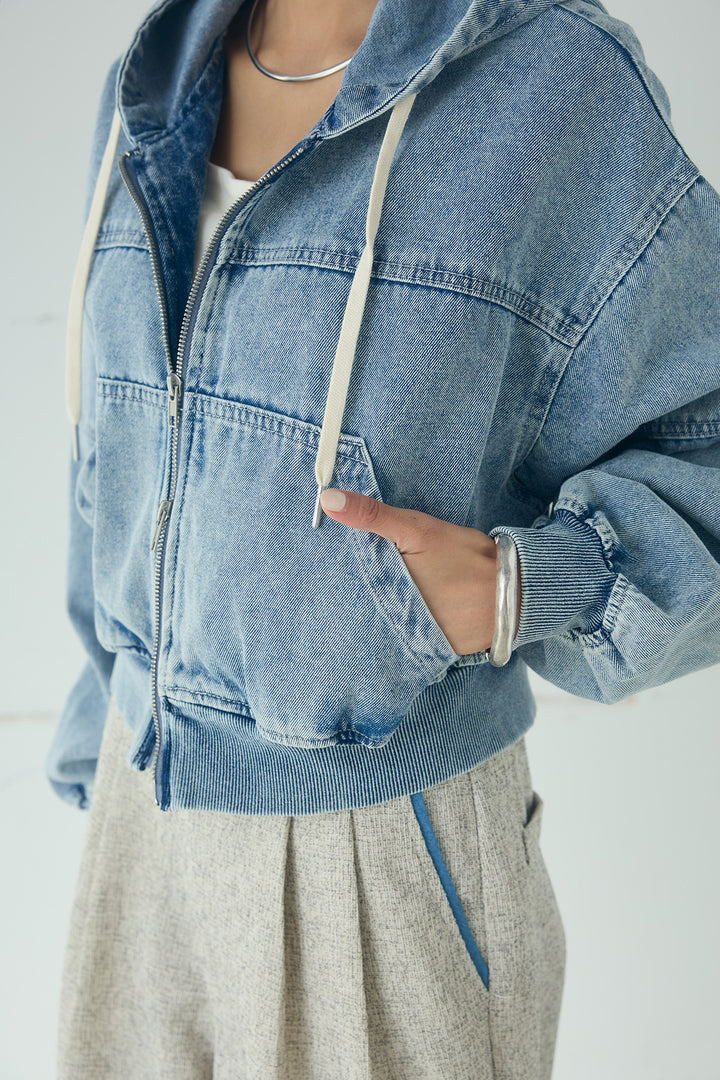 [SET]デニムダブルジップパーカーブルゾン+レイヤード見えヘンリーネックロングワンピース(2set)