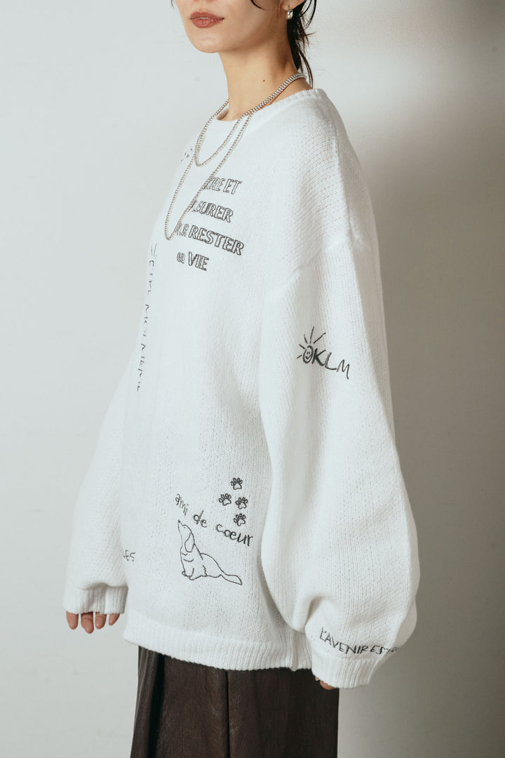 [SET]刺繍ロゴランダムデザインニットトップス+裏起毛スウェットワイドパンツ(2set)