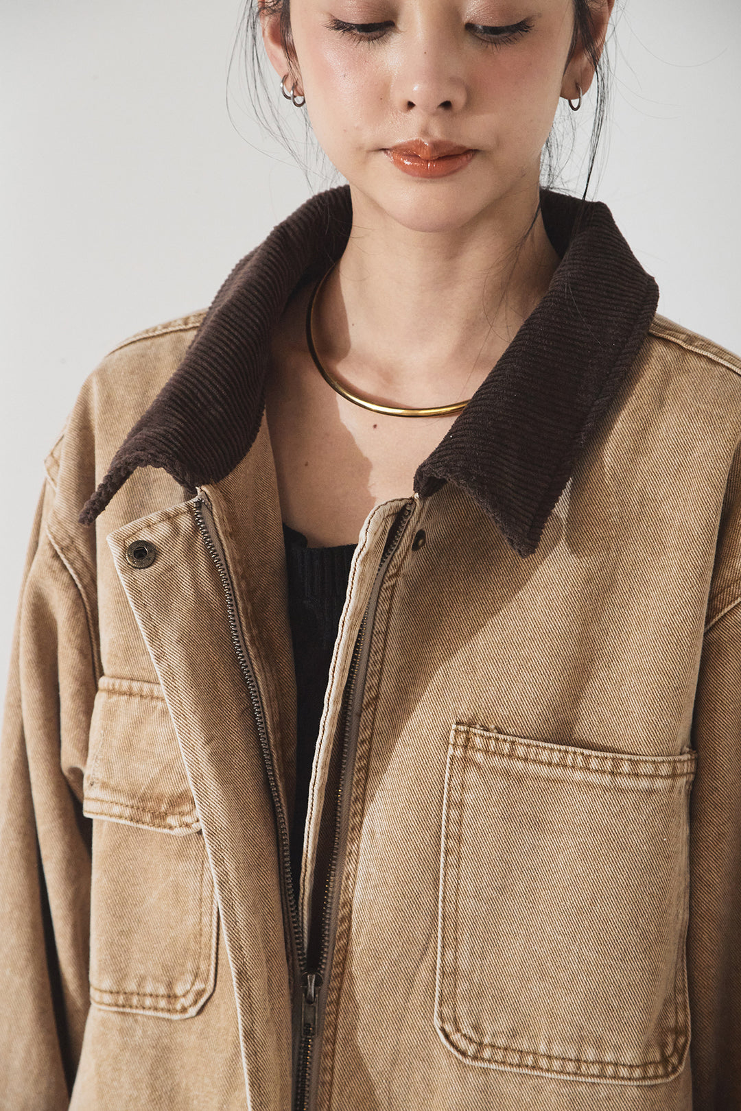 [SET]襟コーデュロイジップデニム調カバーオール+裾レースデザインサテンスカート(2set)