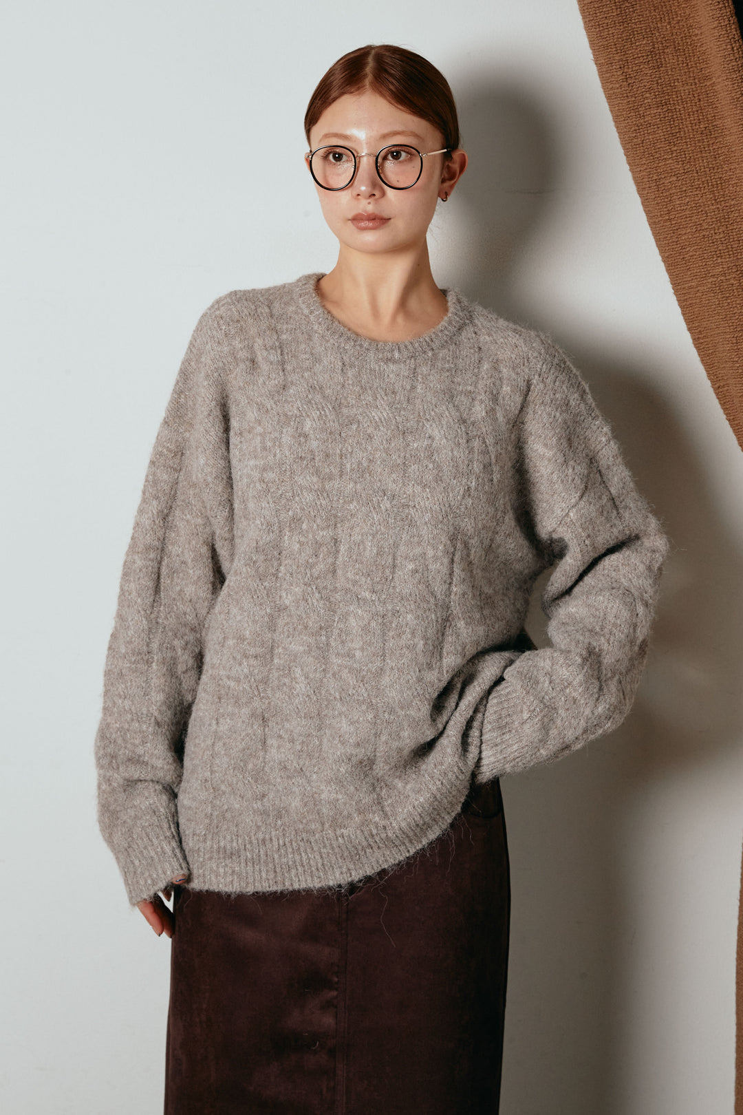 [SET]ケープデザインケーブルニットトップス+スウェードライク裾フリンジスカート(2set)