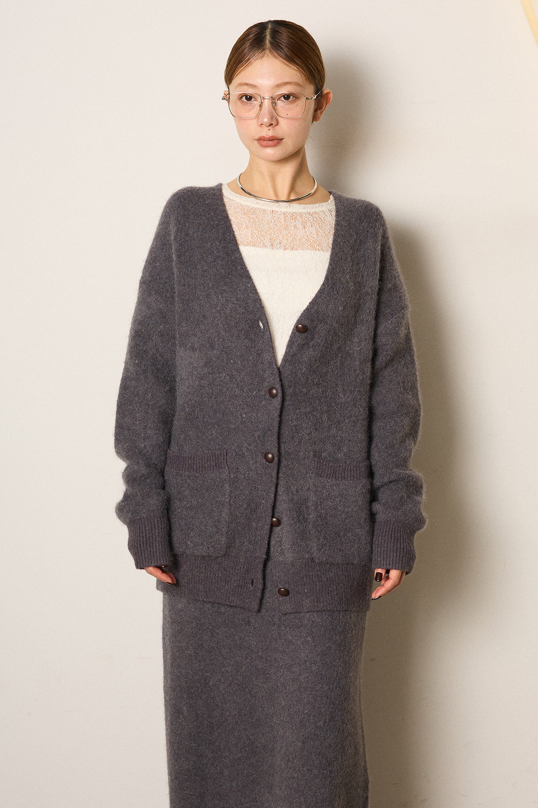 [SET]丸ボタン起毛ニットカーディガン+起毛ニットロングスカート+ストレッチレースクルーネックプルオーバー(3set)