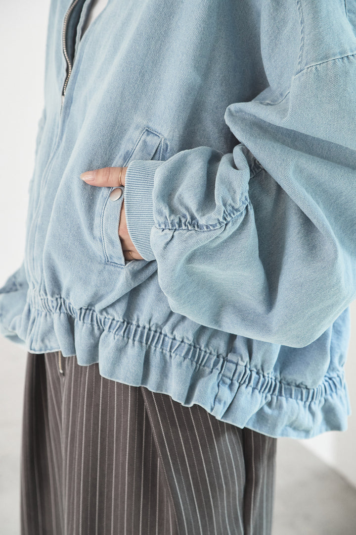 [SET]袖シャーリング裾フリルデニムブルゾン+レオパードサテンナロースカート(2set)