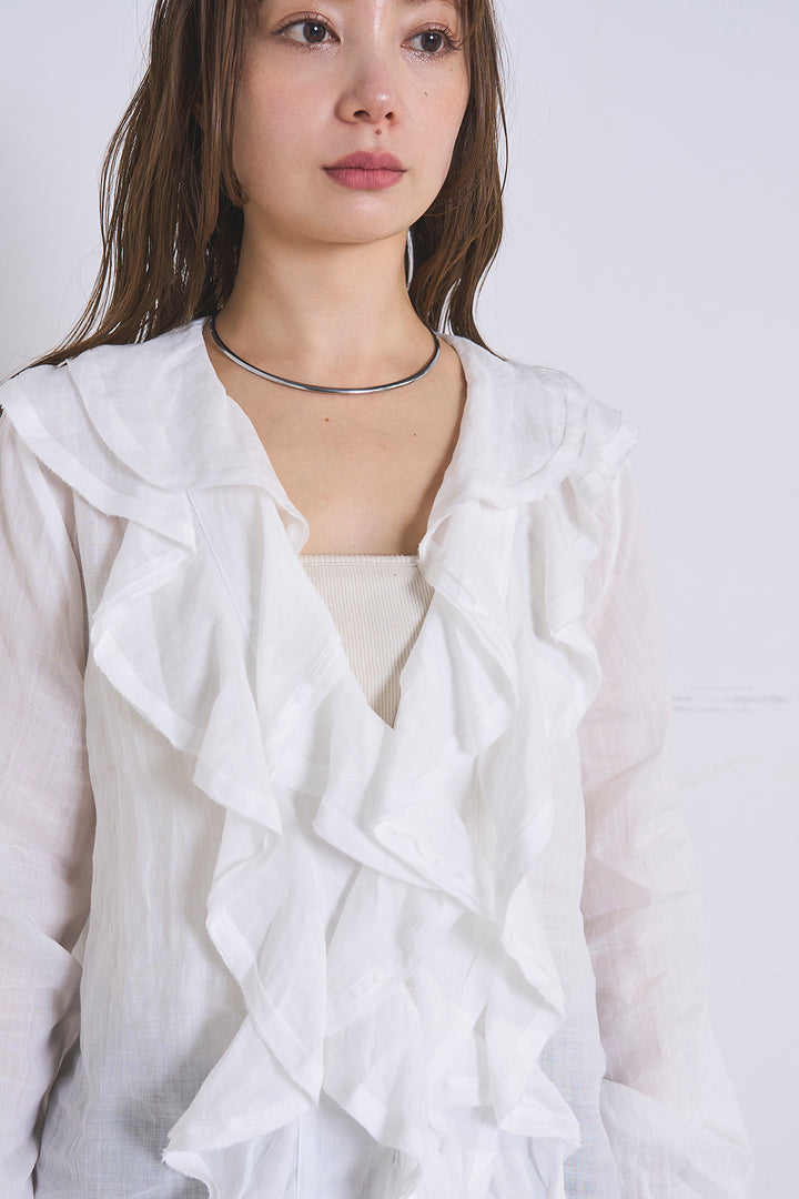 [SET]フリルボタンブラウス+紐ベルト付きカーブワイドパンツ(2set)