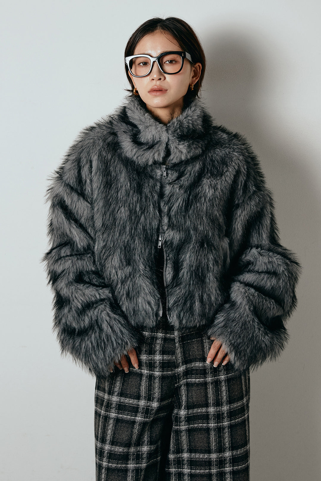 [SET]エコファーショート丈ブルゾン+ルーズタータンチェックワイドパンツ(2set)