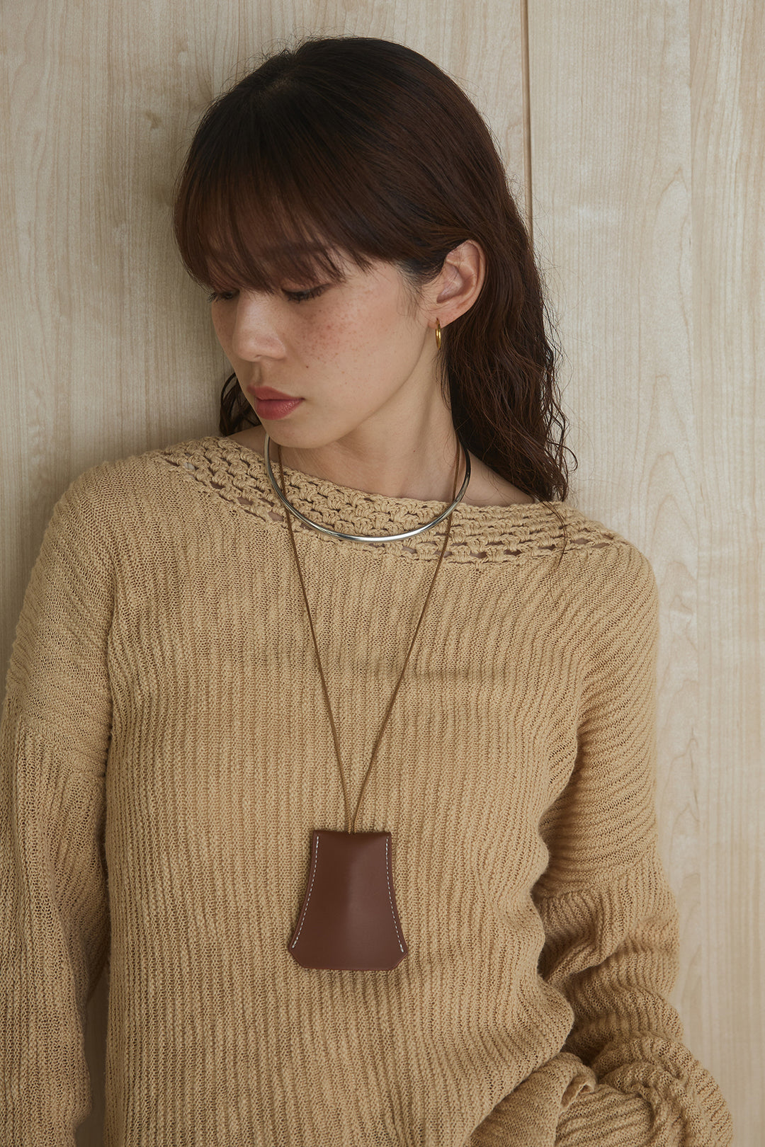 [SET]ネック編みデザインニットトップス+ウエスト折り返しワイドパンツ(2set)