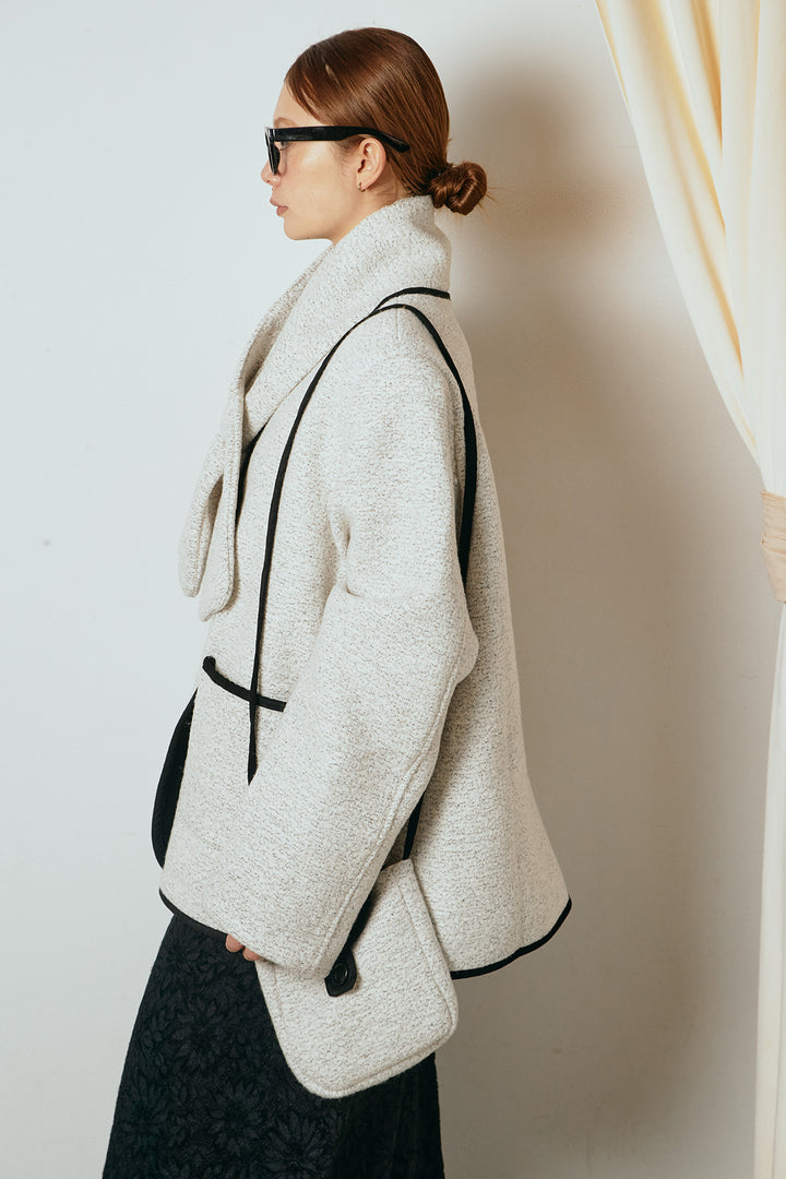 [SET]ノーカラーマフラーバッグ付きアウター+花柄刺繍ベロアフレアスカート(2set)