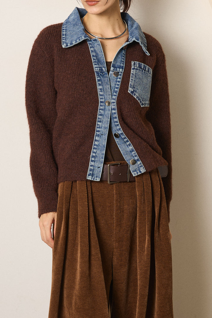 [SET]襟付きデニム切替ニットカーディガン+ベルトループコーデュロイワイドパンツ(2set)