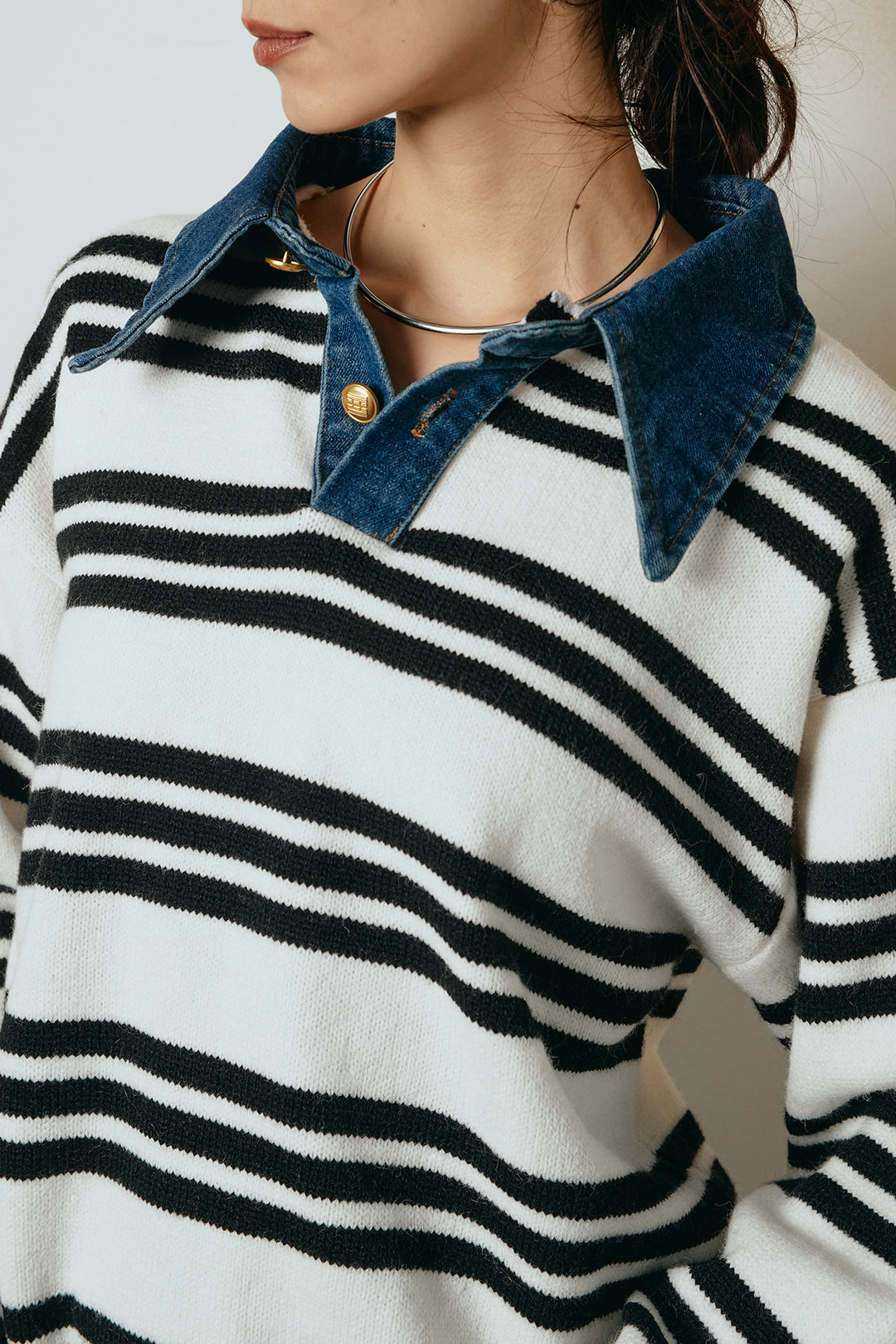 デニムレイヤード風ランダムボーダーニットプルオーバー