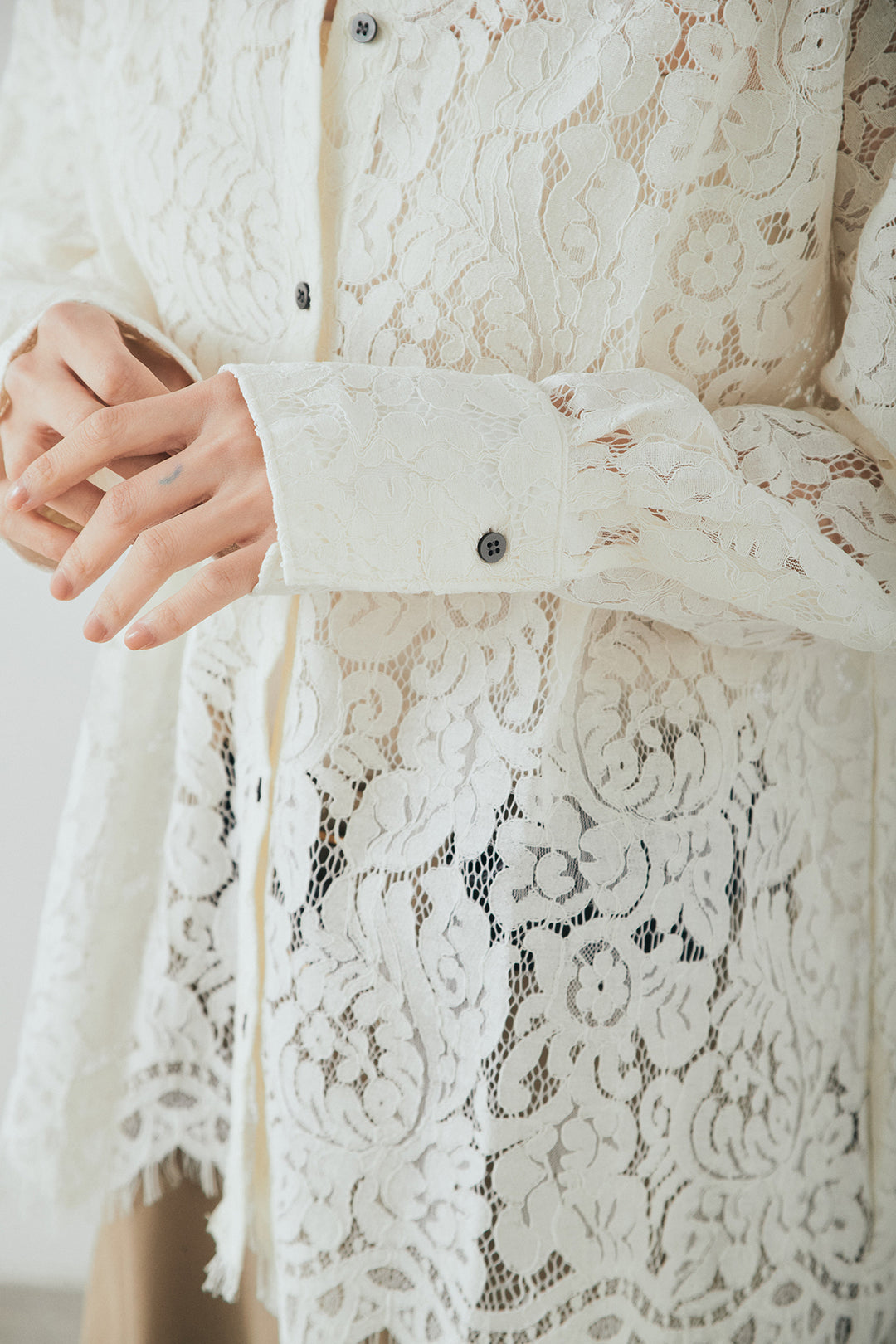 [SET]レース裾スカラップシャツ+ベルトループデザインハイウエストタックパンツ(2set)