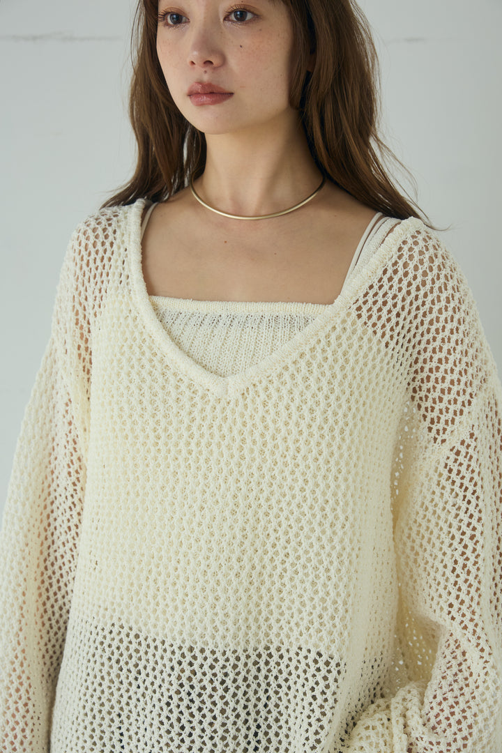 メッシュ編みビスチェセットVネックプルオーバー