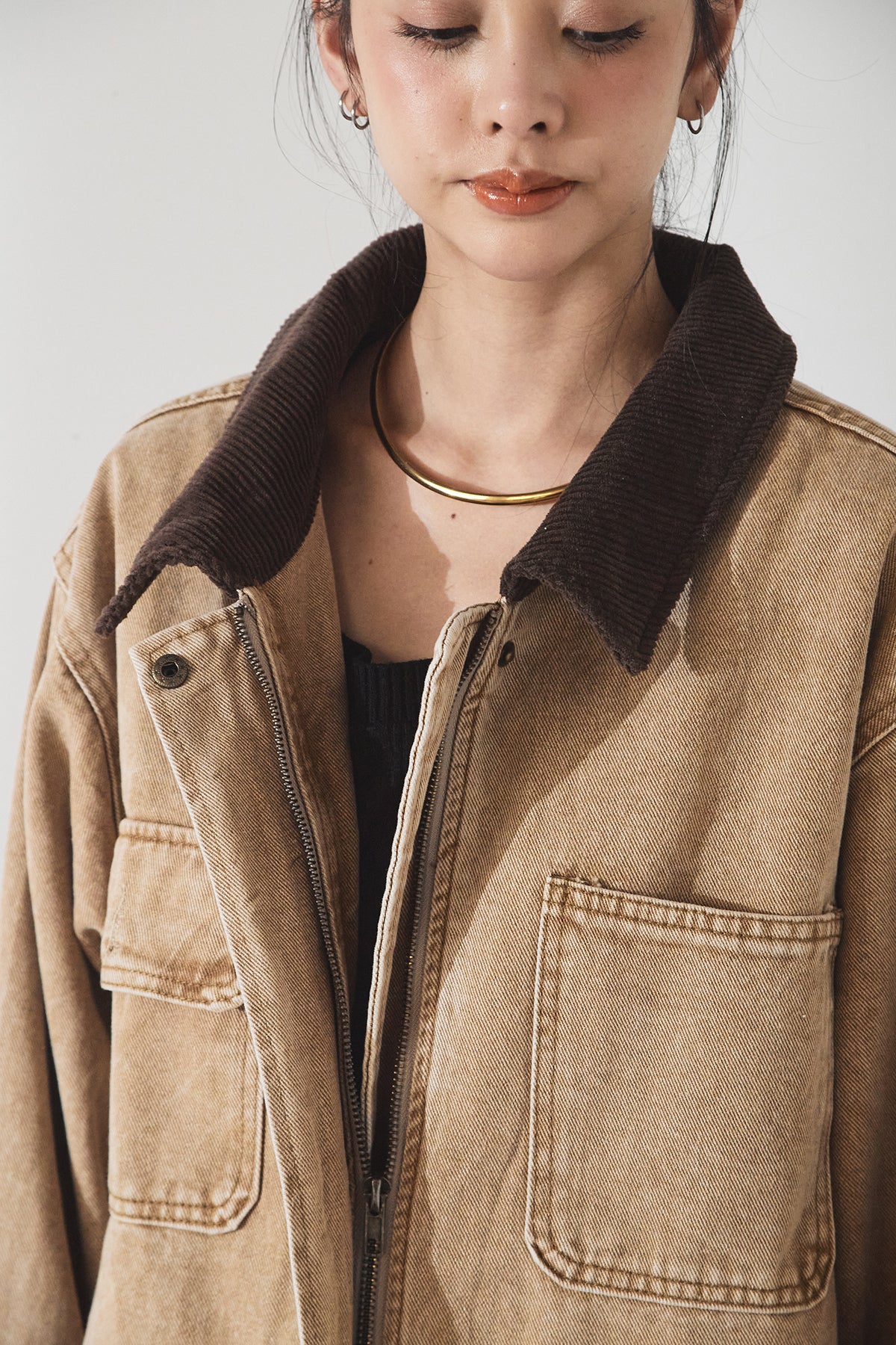 襟コーデュロイジップデニム調カバーオール – ESICA