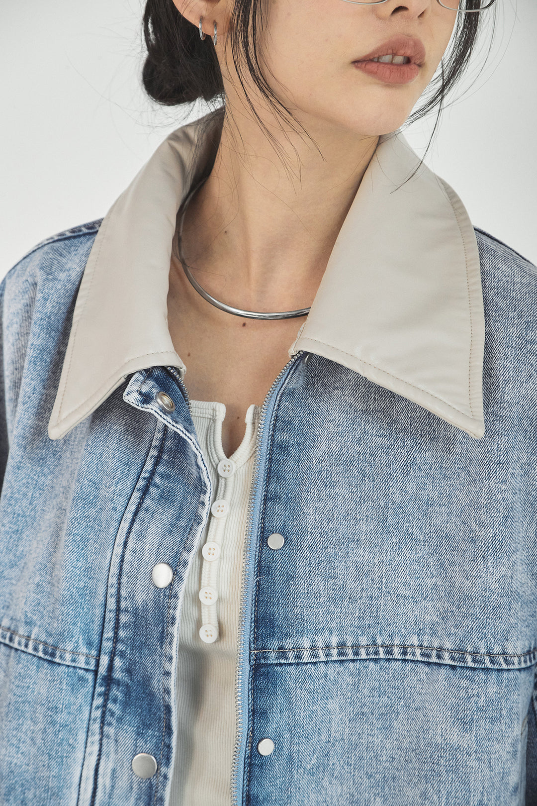 [SET]加工デニムレザー襟付きデニムブルゾン+カットリブレイヤードヘンリーネックワンピース(2set)