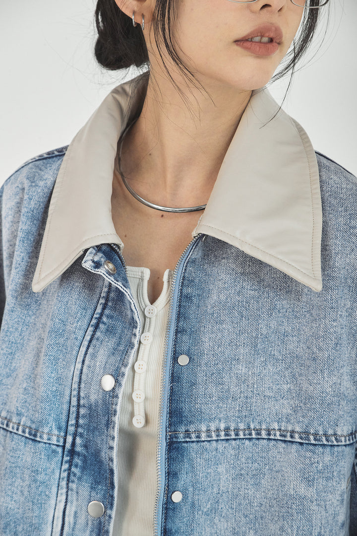 [SET]加工デニムレザー襟付きデニムブルゾン+カットリブレイヤードヘンリーネックワンピース(2set)