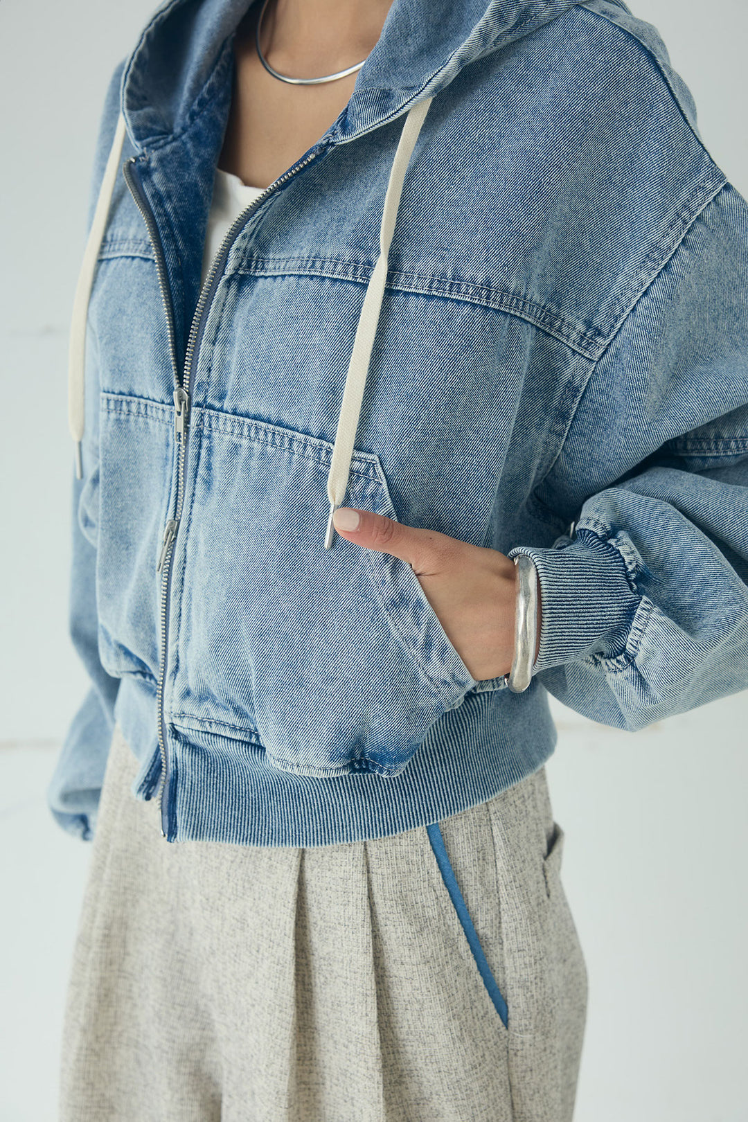 [SET]デニムダブルジップパーカーブルゾン+デニムタックカーブパンツ(2set)