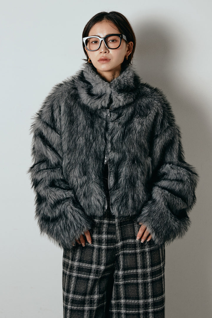 [SET]エコファーショート丈ブルゾン+シャギーチェックストレートスカート(2set)