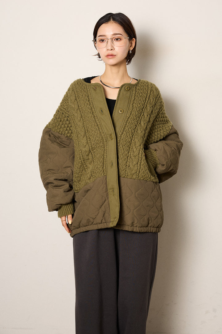 [SET]アラン編みニットノーカラー裾キルティングブルゾン+裏起毛スウェットワイドパンツ(2set)