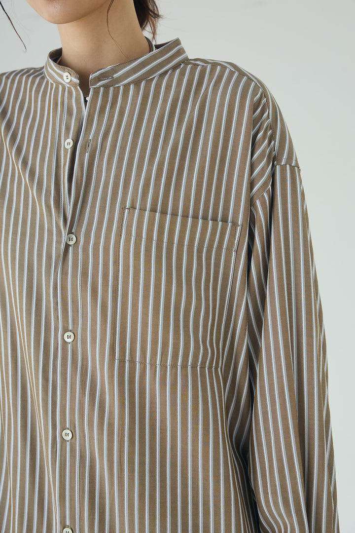 [SET]レーヨンストライプスカーフ+麻混タックワイドパンツ+レーヨンストライプバンドカラー長袖シャツ(3set)