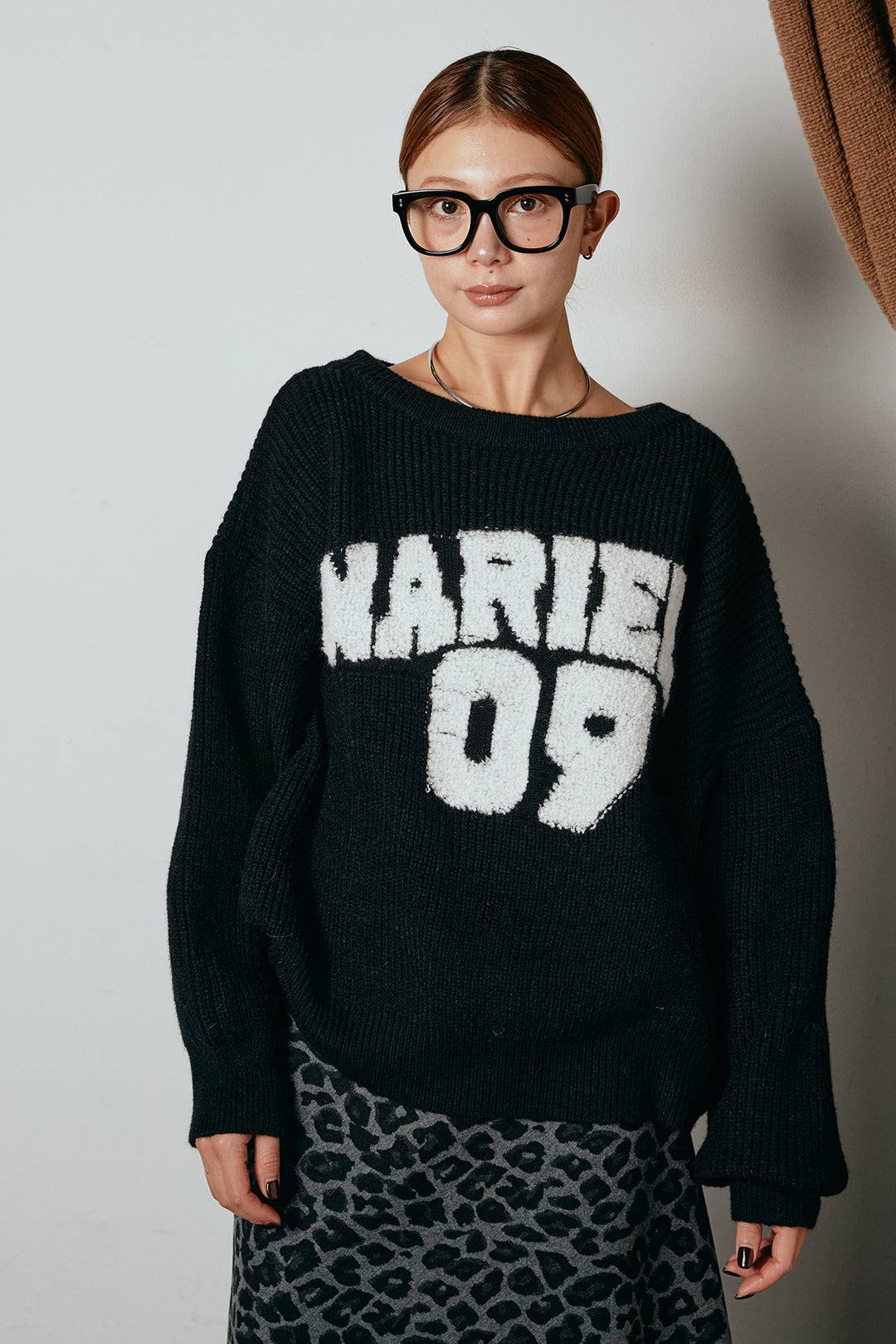 [SET]ロゴジャガードニットトップス+レオパードロングスカート(2set)