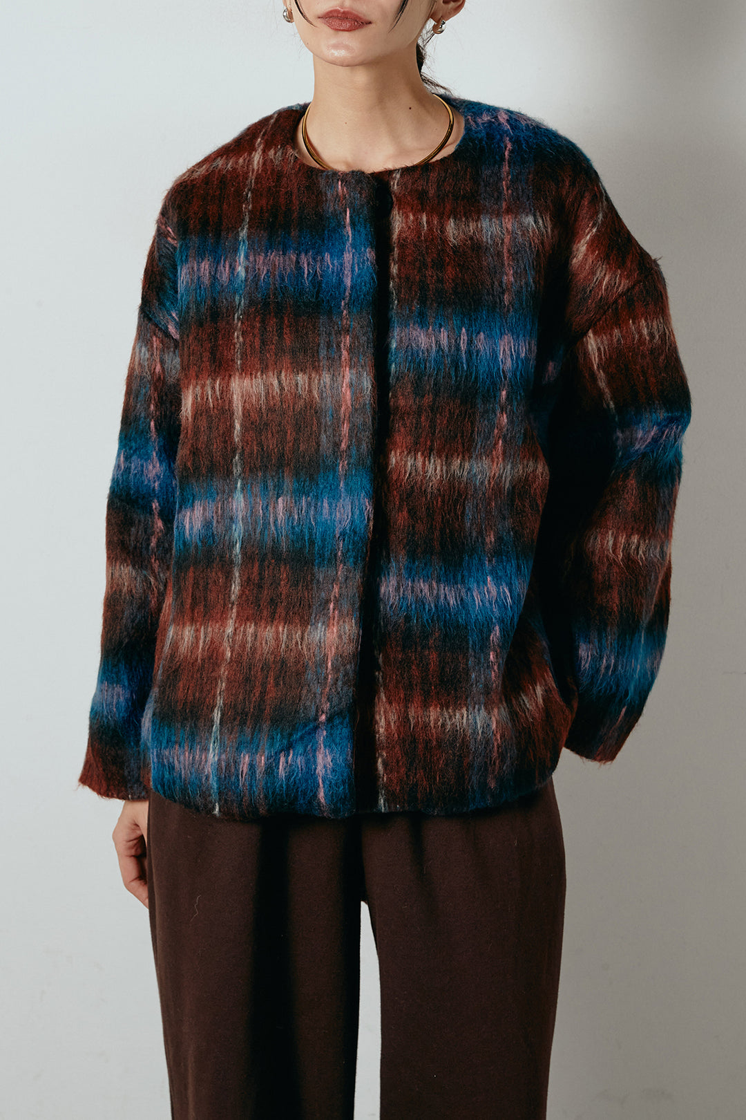 [SET]ノーカラーシャギーチェックアウター+ポーチベルト付きカーブパンツ(2set)