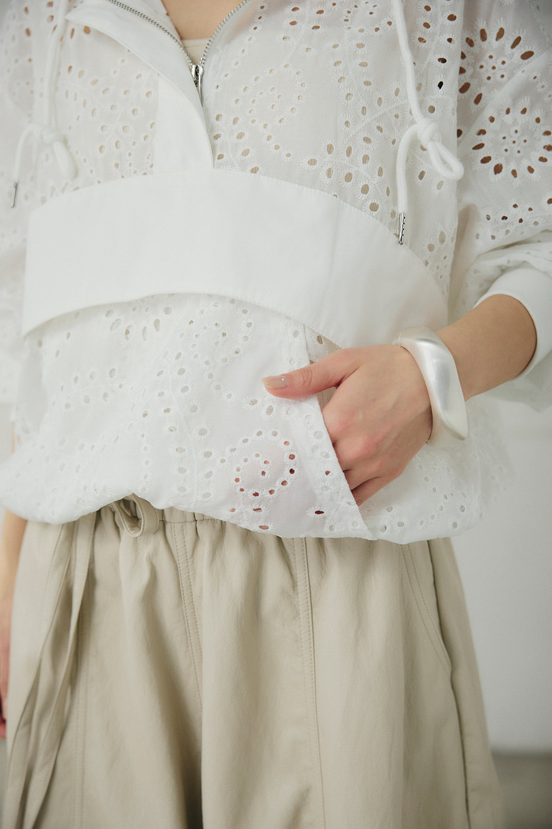 [SET]レースハーフジップアップフーディー+リネン混タックストレートワイドパンツ(2set)