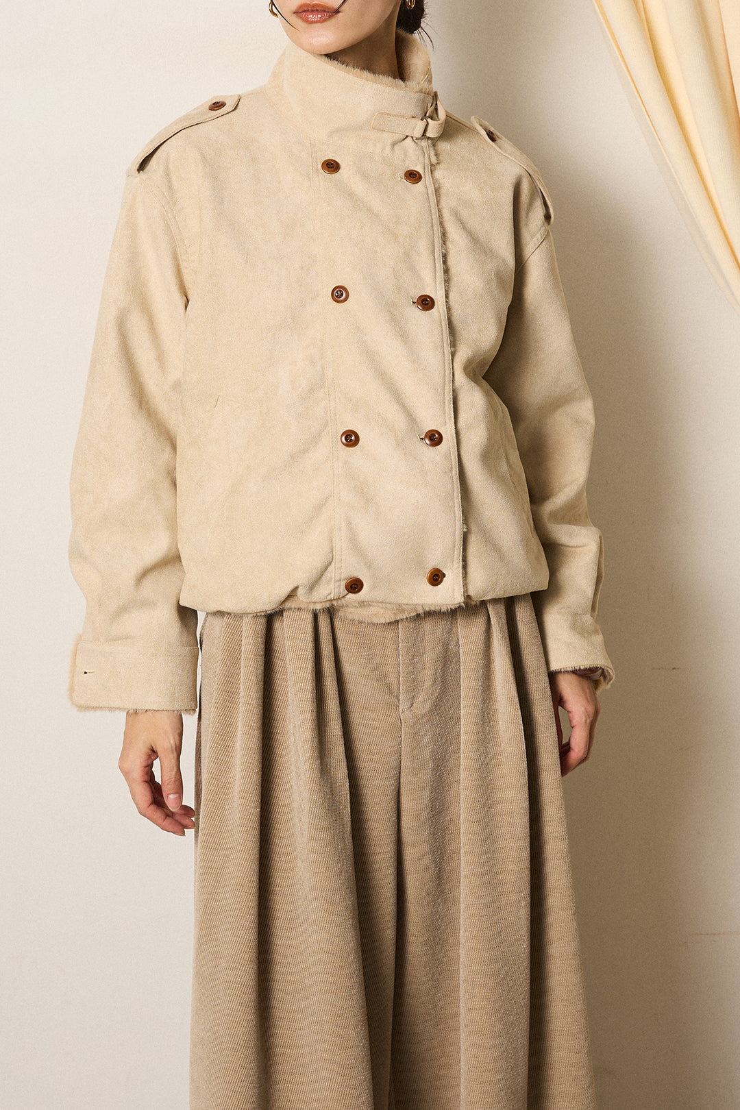 [SET]スタンド襟スウェードライクアウター+デニムロングフレアスカート(2set)