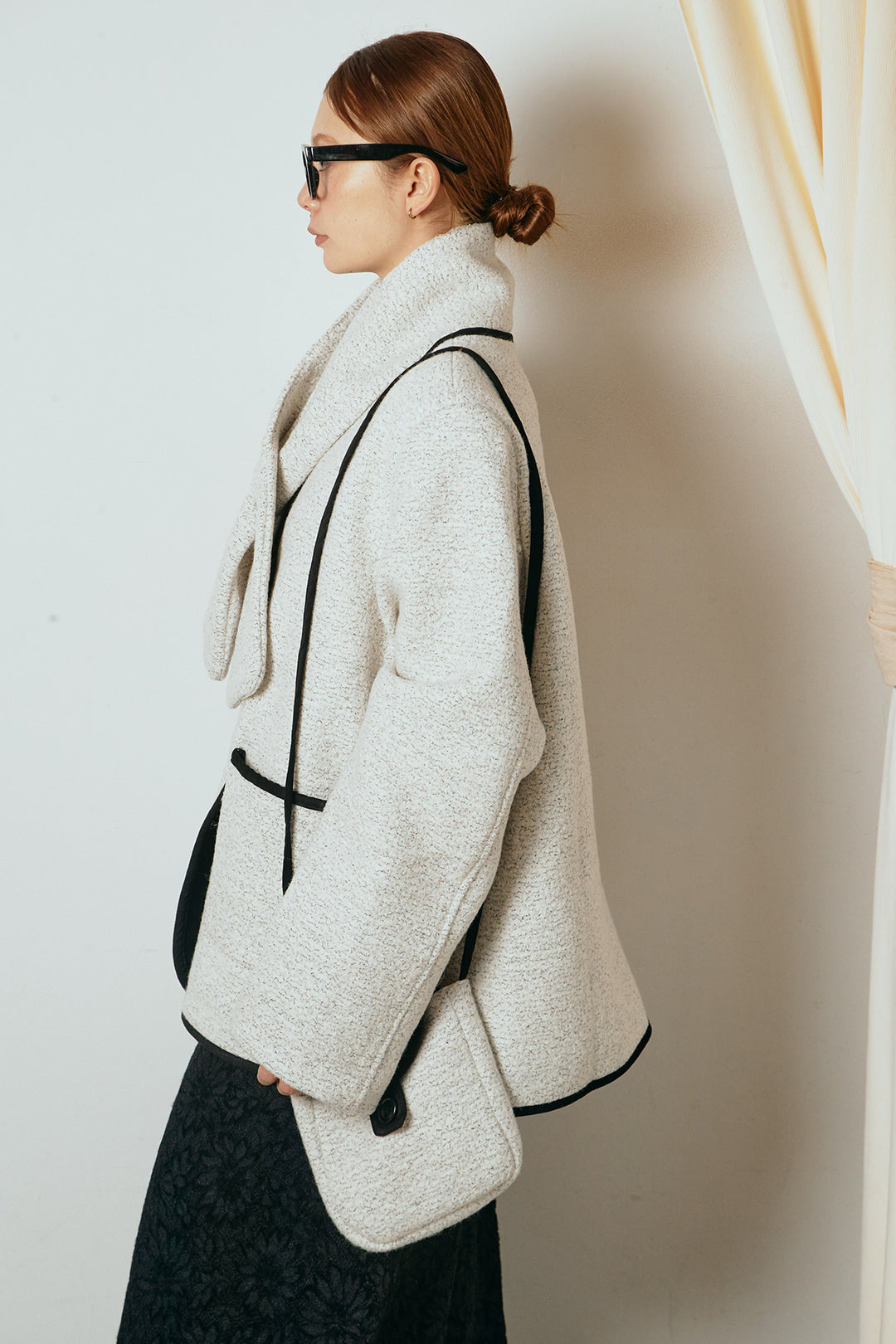 [SET]ノーカラーマフラーバッグ付きアウター+裏起毛スウェットワイドパンツ(2set)