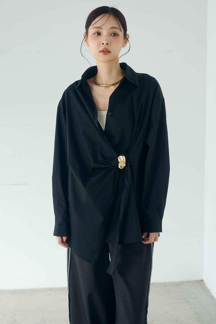 [SET]サイド留め具デザインシャツ+デニムレース付きワイドパンツ(2set)