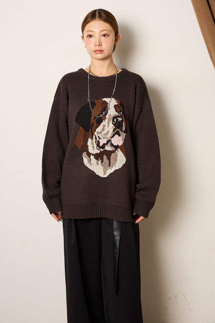 [SET]アニマルジャガード柄ニットトップス+巻ベルトウエストレザーライクワイドパンツ(2set)