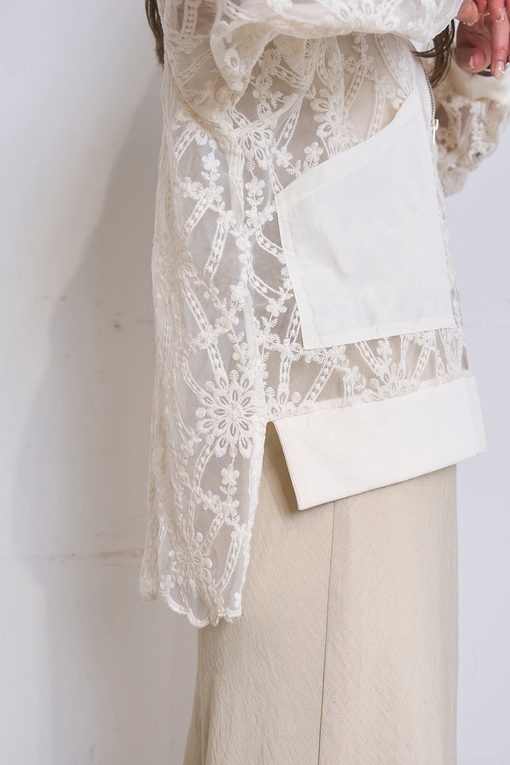 [SET]ノーカラーレースブルゾン+リネンブレンドロングナロースカート(2set)